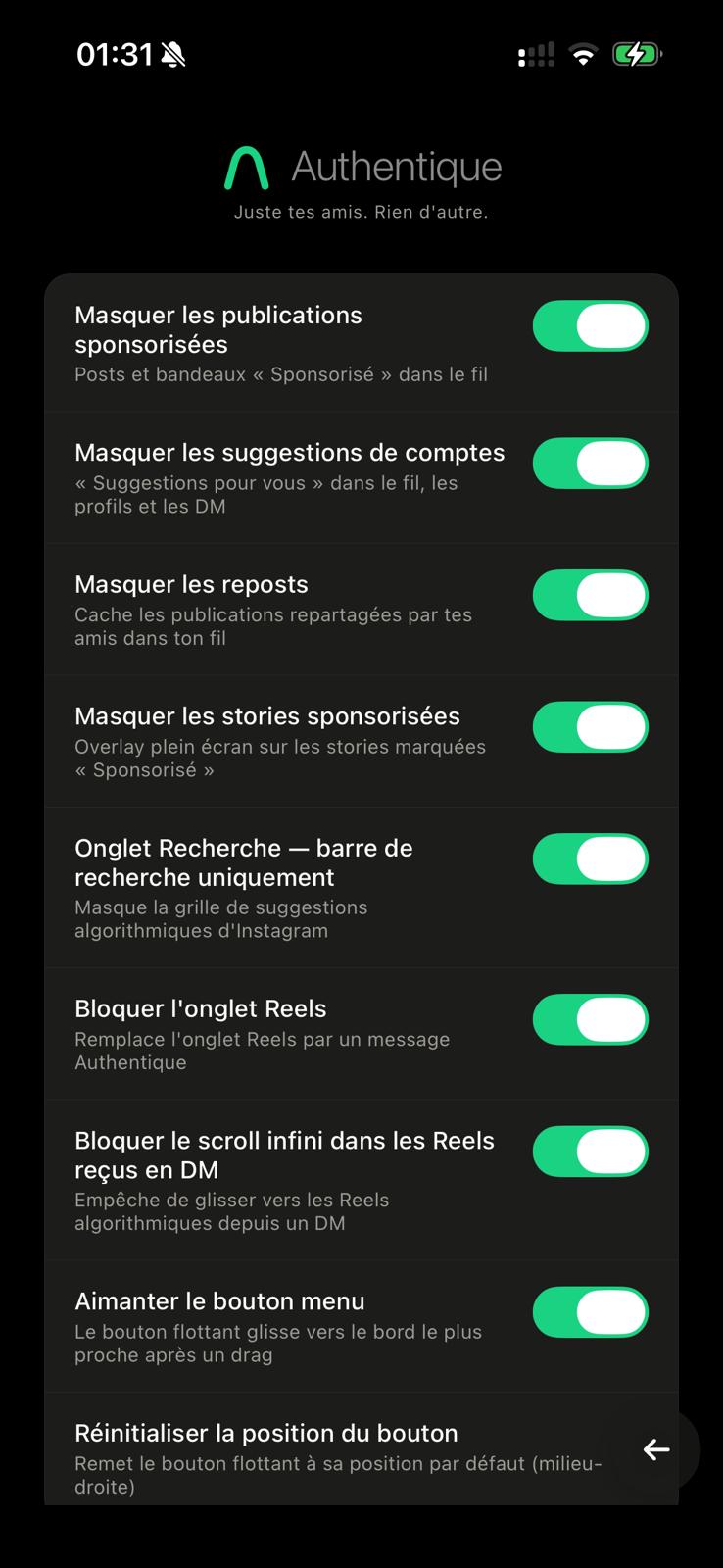 Paramètres Authentique dark